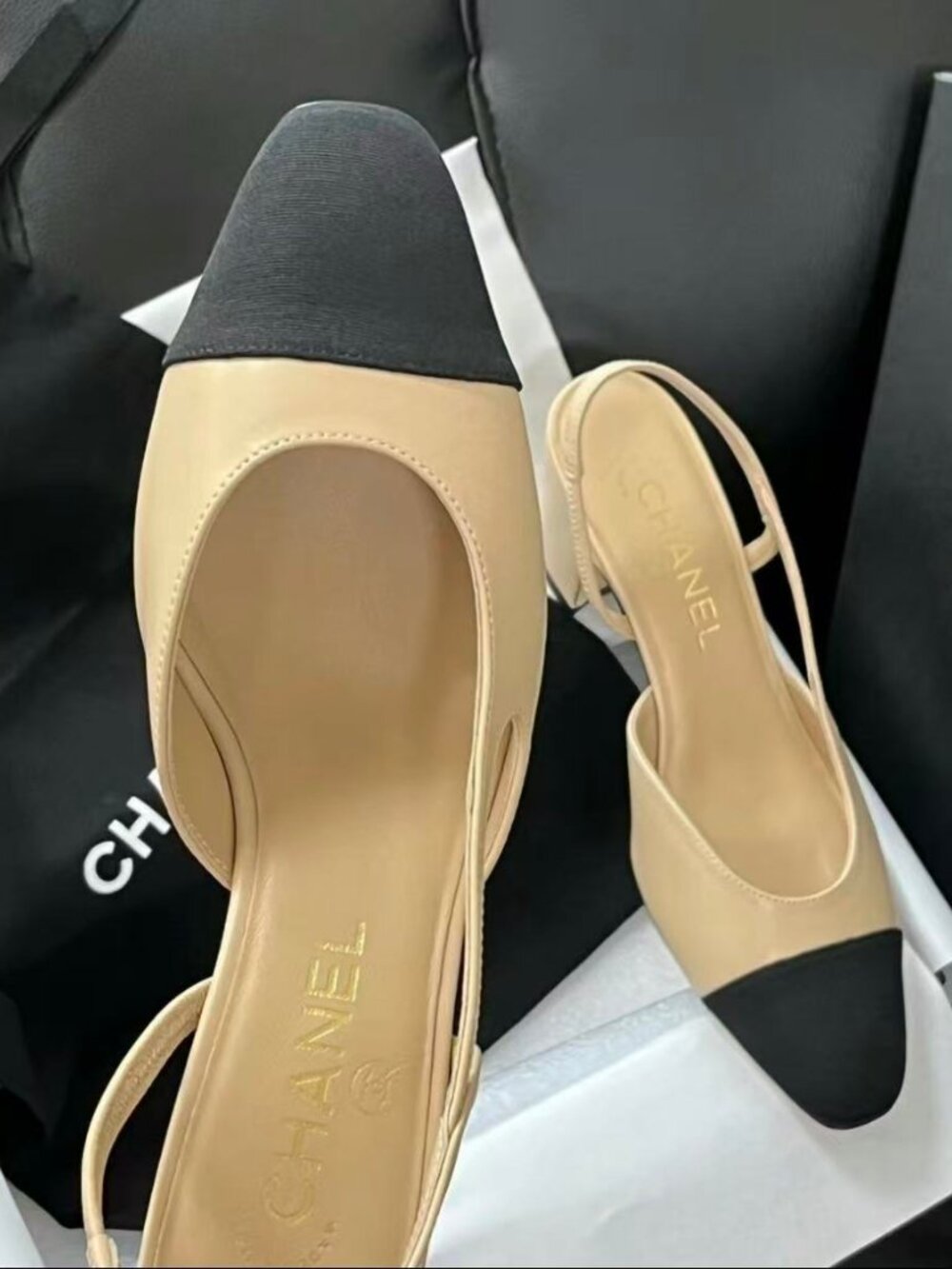 Chanel Two-Tone Slingback Block Heel Pumps Size 37C - Picture 3 of 5